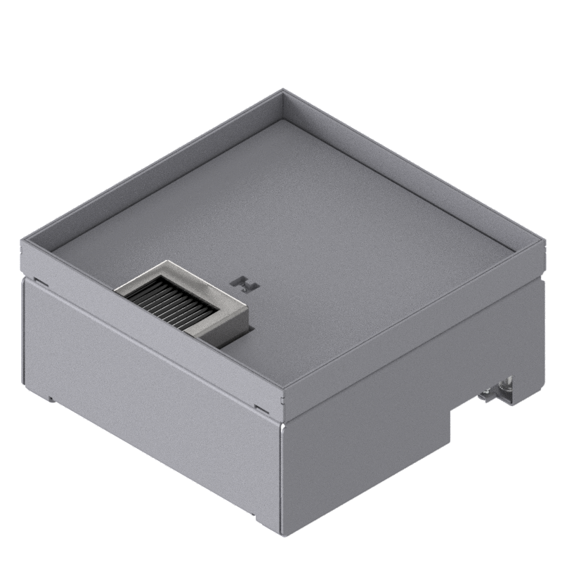 [UBD 212 162] Boîte de sol pour charges lourdes UBD 210 en acier inoxydable, inclus couvercle avec bord, fermé, plaque de renforcement de 4 mm avec évidement de 16 mm et 1 sortie de brosse 
